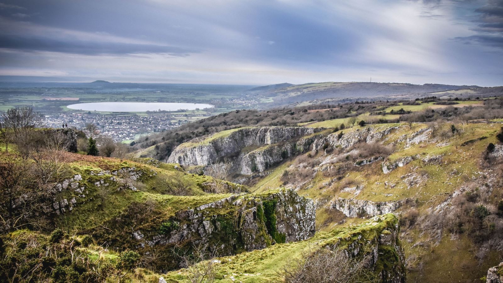 Aerial view of Cheddar Gorge and Cheddar Reservoir